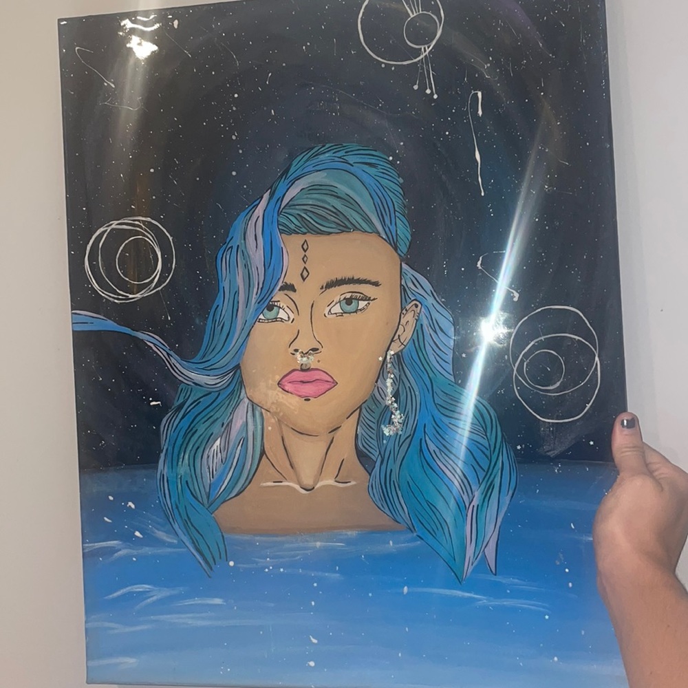 Art. Painting done by me, space girl with clear resin pour.